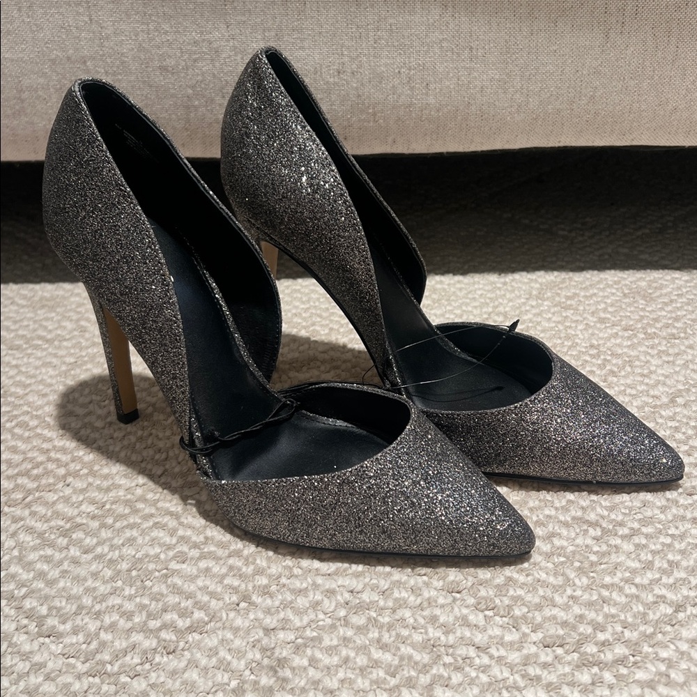 NWOB Express silver-gray glitter D'Orsay pointed-toe stiletto heels | Size 9